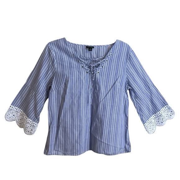 A.N.A. Lace Up Tunic Women's Size M Blue White Striped Hippie Lace Trim Cotton - Picture 1 of 7